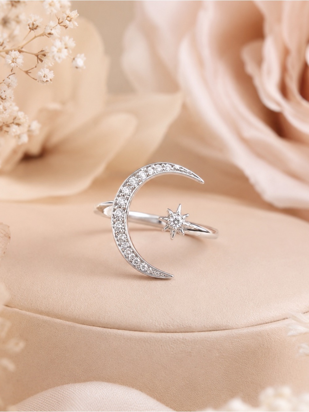Sterling Silver Crescent Moon & Star Ring - Silver